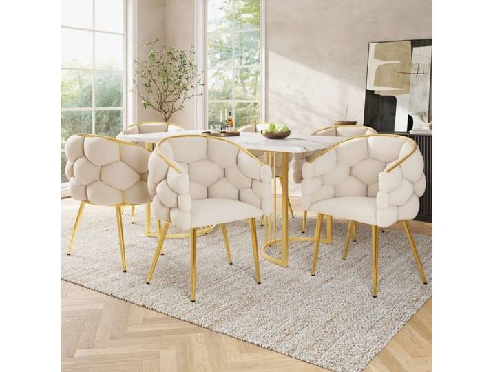 Abrihome Lot de 6 fauteuils en velours beige style moderne avec pieds en métal doré