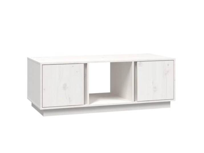 KUTYWEXFM Couchtisch Weiß 110x50x40 cm Massives Kiefernholz Funktionaler Sofatisch mit 3 offenen Fächern und 2 Schranktüren für Ordnung im heimischen Wohnzimmer.