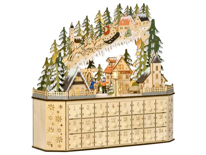 Homcom Adventskalender Weihnachtskalender 24 Schubladen mit LED-Lichtern MDF Naturholz, Naturfarben, Kunststoff, 13x43x45 cm, Dekoration, Weihnachtsdekoration