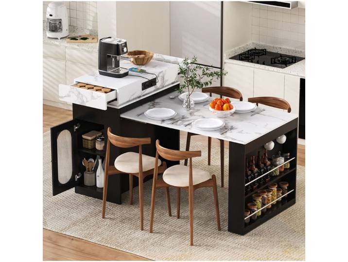 SENVIRO ilot de cuisine table extensible plateau marbre noir lignes epurees 83x46x96cm noir