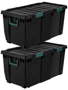Iris Remington 32 Gallon Plastic Storage Bins with Latching Lids, Heavy Duty Storage Totes with Handles and Wheels, Black, 2 Pack