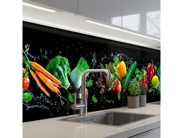 KitchenYeah© Küchenrückwand Selbstklebend Küchenspritzschutz Rückwand 80x400 cm - Wandschutz Ohne Bohren Spritzschutz Wand Wandverkleidung Gemüse - Spritzer - Schwarz