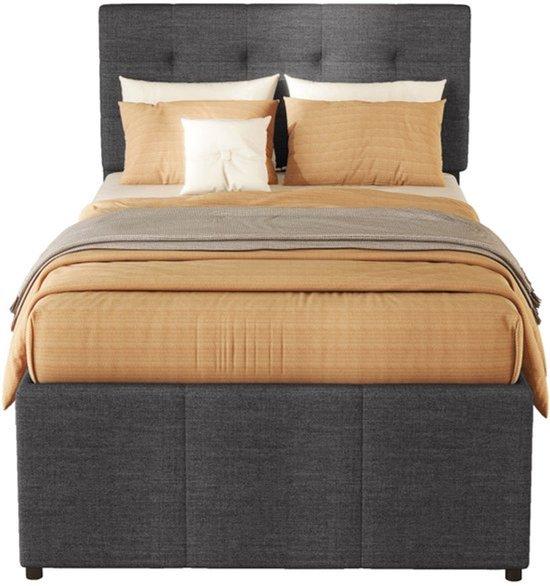 Kinderbett - Einzelbett - Gestoffertes Bett - Bett mit Aufbewahrungsraum - 90x200 cm - Verstellbares Kopfteil - Graues Bettzeug