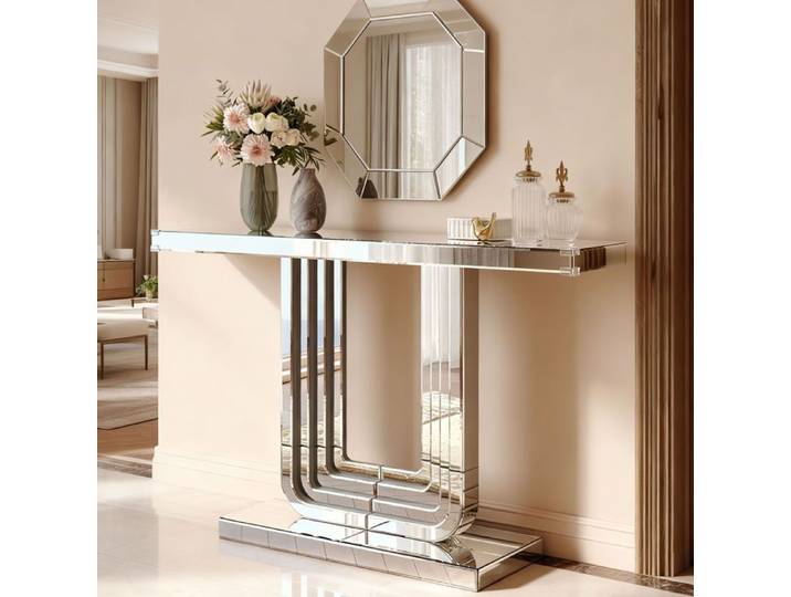 Table console miroir - 120x30x76 cm - Argent - Verre et MDF - Aspect miroir élégant - Base stable en U