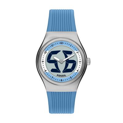 Quarzuhr FOSSIL "World Flags Big Tic", blau (hellblau, weiß, edelstahlfarben, silberfarben), Armbanduhren, Herren, edelstahlfarben, Quarzuhr, Armbanduhr, Herrenuhr, Silikonarmband, analog, digital