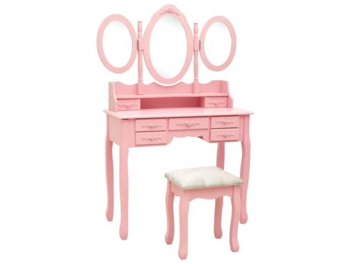 HKQWPBF Schminktisch mit Hocker und Dreifach-Spiegel Rosa mit 7 Schubladen Freistehender Spiegelrahmen, drehbare Seitenspiegel, Stauraum, elegante Optik, kompaktes Set