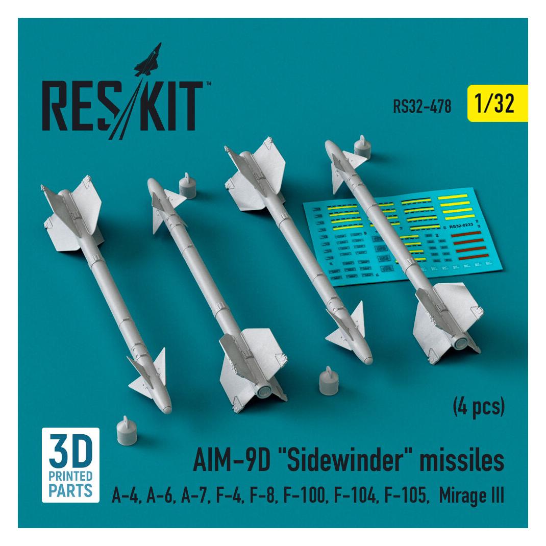 ResKit AIM-9D Sidewinder missiles (4 pcs) (A-4, A-6, A-7, F-4, F-8, F-100, F-104, F-105, Mirage III) (3D Pr (RS32-0478)