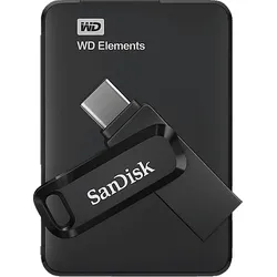 WD Elements Portable 2TB + 64GB USB Bundle, 2 TB HDD, 2,5 Zoll, extern, Schwarz