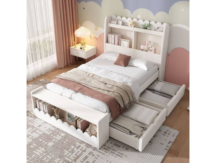 Lit simple de rangement - SOGEU - Lit combiné enfant 90x190 - 2 tiroirs sur roulettes - étagères & banquette - Blanc/Chêne