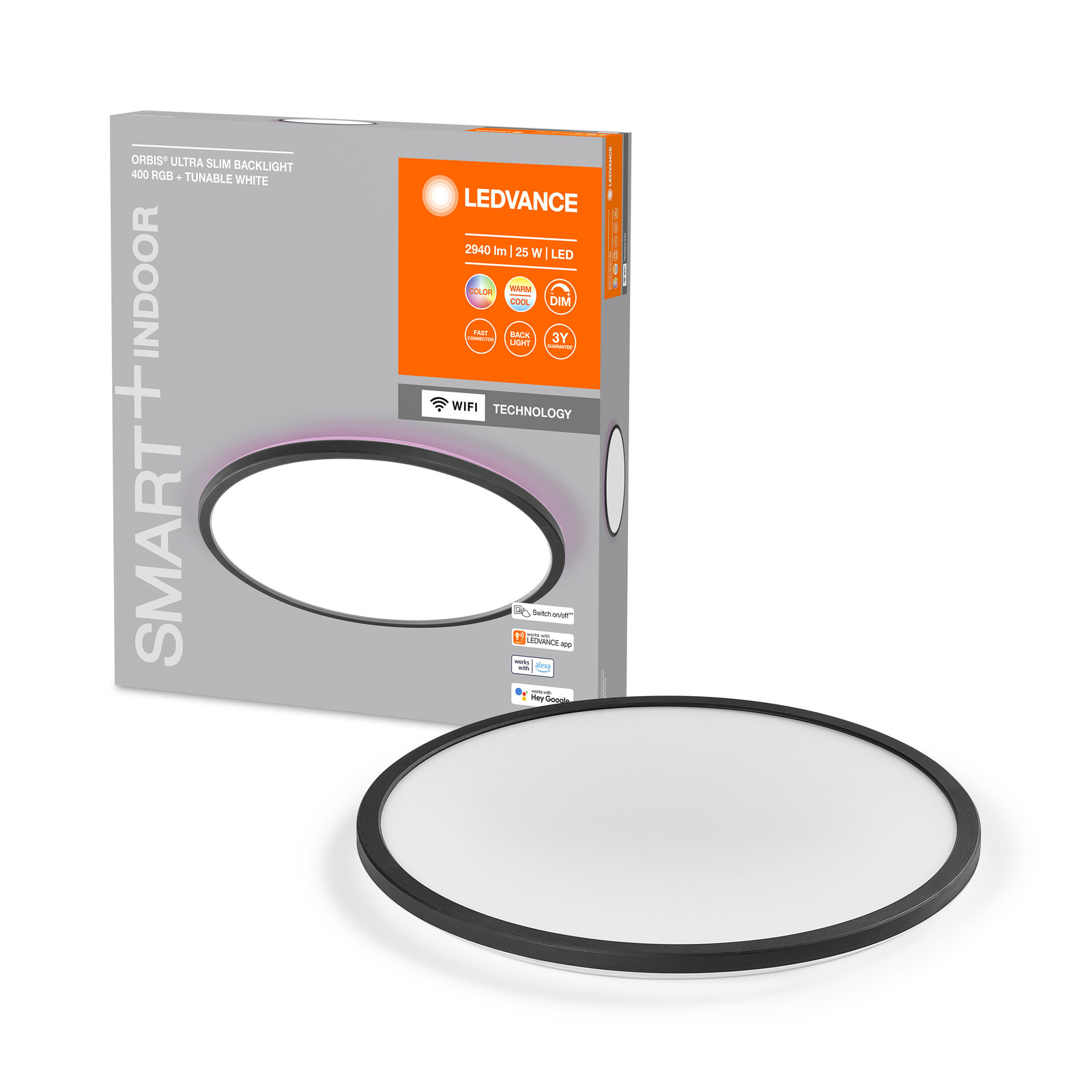 Ledvance LED Smart Plafondlamp Orbis Ultra Slim Black Ø40cm 25W 2940lm RGBTW 2700K-6500K Dimmbaar App Google Alexa WiFi