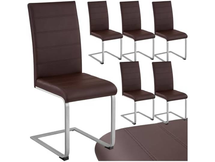 tectake Freischwinger Schwingstuhl, Stuhl 6er Set, Moderne Esszimmerstühle oder Küchenstühle mit strapazierfähigem Kunstleder Bezug - braun