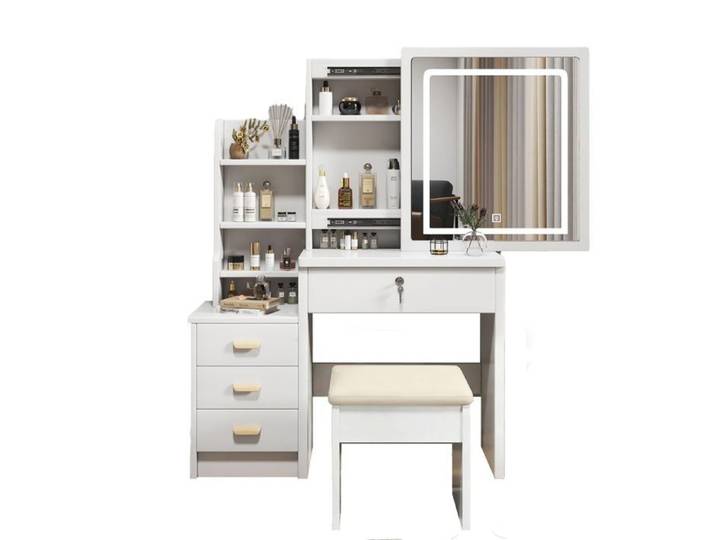 Coiffeuse miroir LED blanche 85 cm avec tabouret