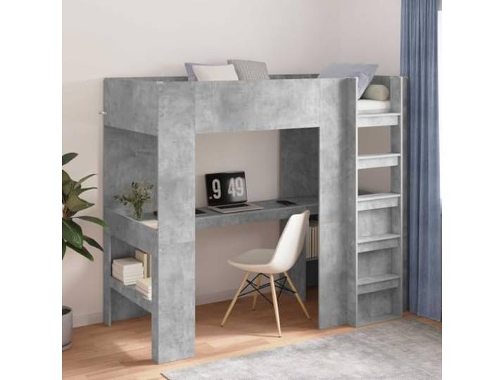 Holzwerkstoff Loft Bett mit Schreibtisch platzsparend Einzelbettgestell Etagenbettgestell mit Schreibtisch Beton Grau 100x200 cm Hochbett mit Lattenrost Leiter und Sicherheitsgeländer für