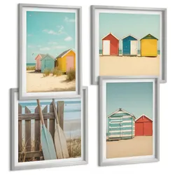 BILDER SET 4er Set - 50x50 cm & 40x60 cm Silberner Rahmen - Bunte Häuser, Strand, Sonne