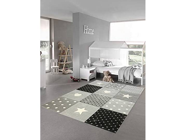 Teppich-Traum Kinderteppich Herz Sterne Punkte Creme Schwarz 160x230 cm Weich und wärmend, pflegeleicht, schmutzabweisend, strapazierfähig, allergikerfreundlich und OEKO-TEX geprüft