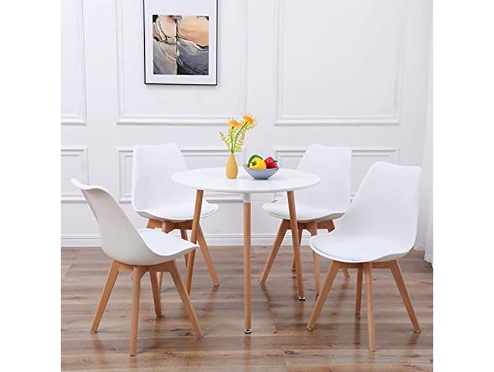 DORAFAIR Set aus Runder Esstisch und 4 Skandinavischen Stühlen, für Küche Esszimmer Büro, Weißer Stuhl