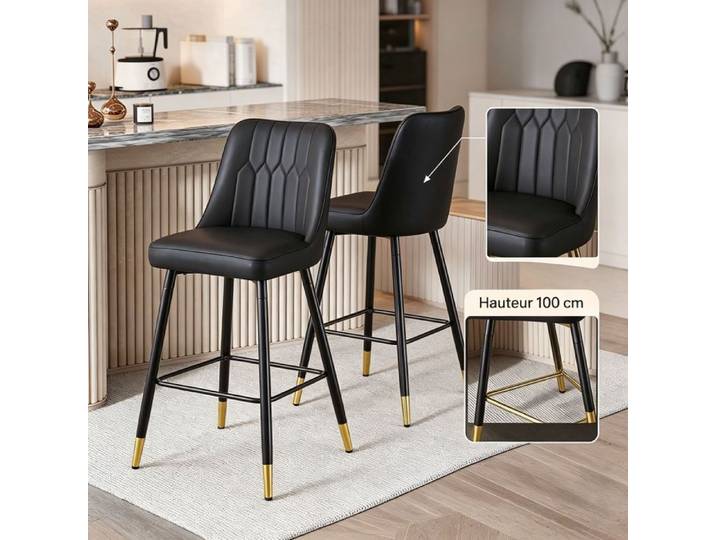URTR Lot de 2 Tabouret de bar 42x45x100cm - Chaise haute ergonomie - Avec repose-pieds - En PU et cadre métal noir - Noir