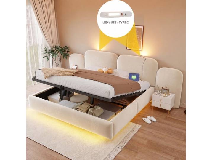 Norevia Lit coffre hydraulique 180x200 cm en velours beige avec rangement sans matelas