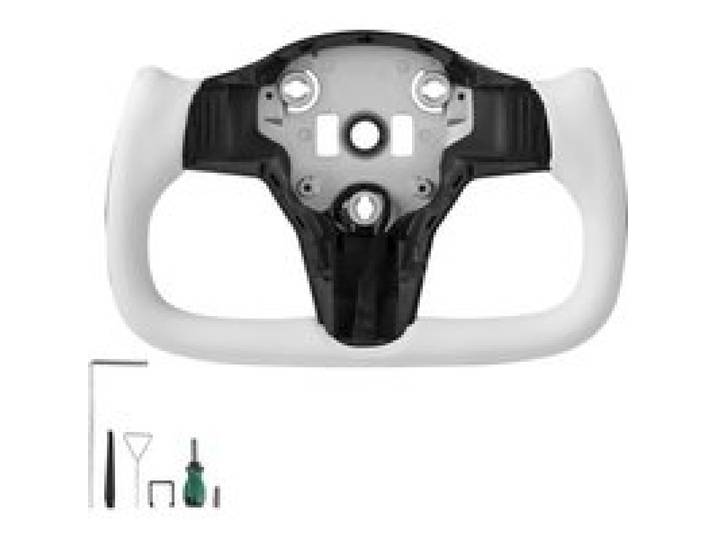 VEVOR Volant Compatible avec Tesla Model 3 (2016-2023), Volant de Direction en Fibre de Carbone, Forme en D, Méplat avec Fonction Chauffante, Poignée en Cuir avec Texture Antidérapante, Blanc