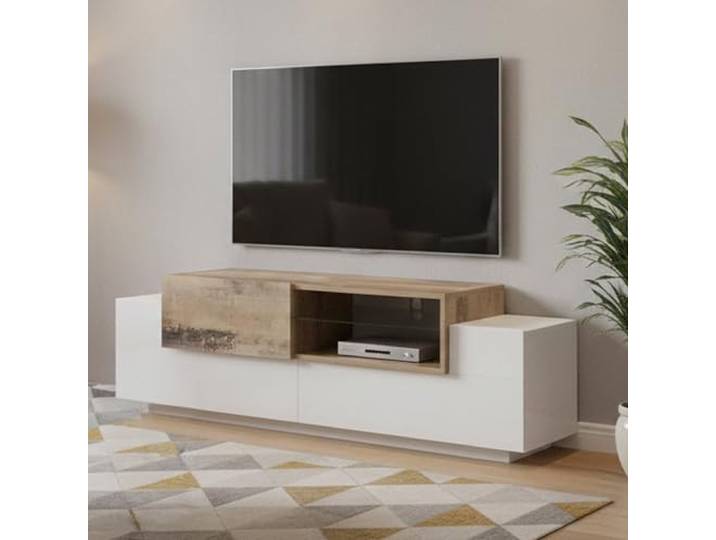 Dmora - TV-Schrank Pablo, niedriges Wohnzimmer-Sideboard, Fernsehständer-Basis, 100 % Made in Italy, 160 x 45 x 51 cm, glänzendes Weiß und Ahorn,