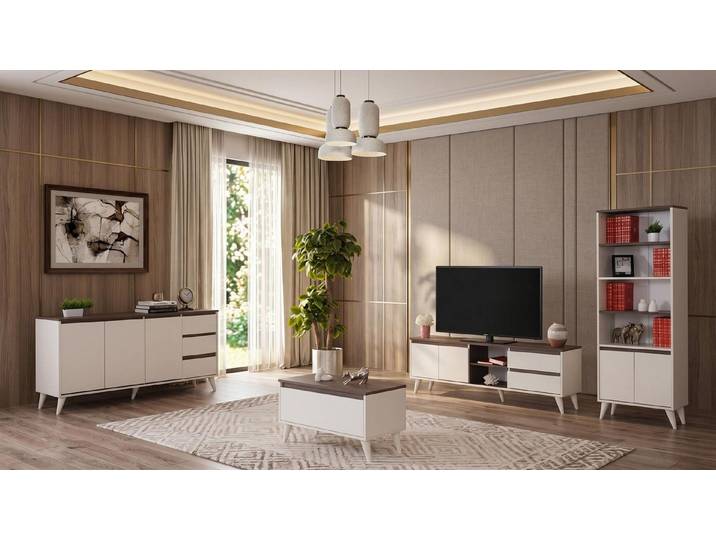 JVmoebel TV-Wand Beige-braunes Wohnzimmer-Set: TV-Schrank, Couchtisch, Regal, Made in Europa