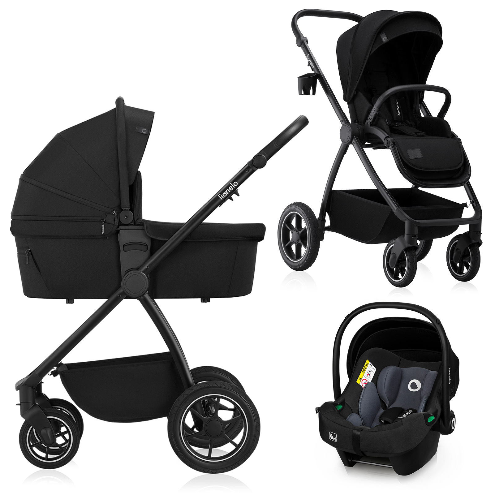 Lionelo Kombikinderwagen Meril 3in1 Babywanne bis zu 9 kg, Kindersitz bis zu 13 kg, 0-48 Monate bis zu 22 kg, Geländeräder 360°, Vollfederung - Black