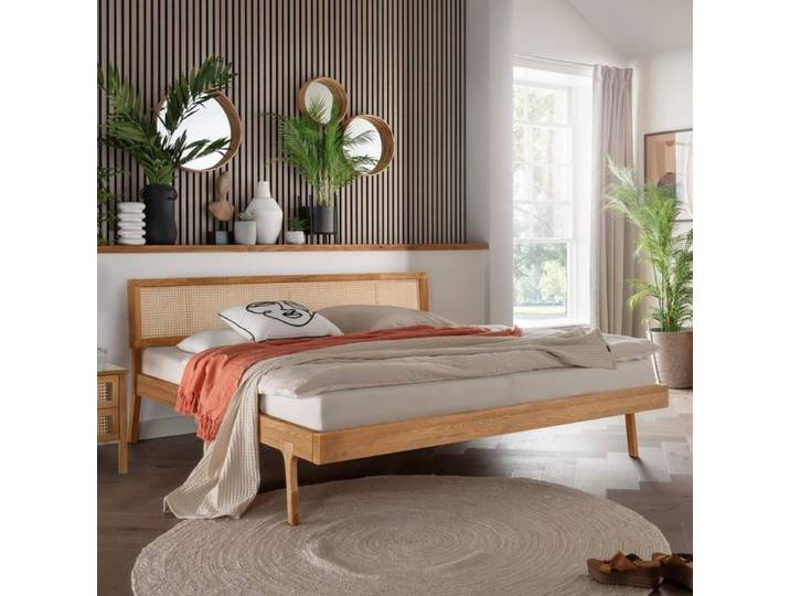 HOMELIV. Bett Faye Komfort Eiche Massivholz mit Wiener Geflecht 160x220cm retro/vintage