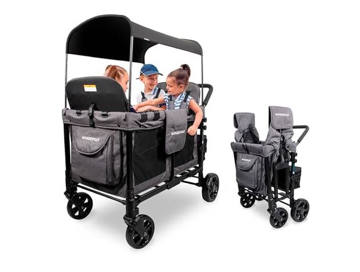 WONDERFOLD W4 Original Kinderwagen (4-Sitzer) – zusammenklappbarer Wagen mit Sitzen mit 5-Punkt-Gurten, leicht zugänglicher Reißverschluss-Tür und abnehmbarem Sonnendach, Grau