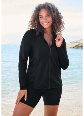Plus Size Women's Chlorine Resistant Long-Sleeve Colorblock Swim Tee by Swim 365 in Black (Size 28)