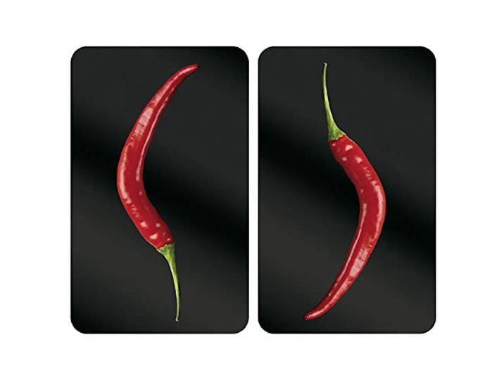 WENKO Herdabdeckplatte Universal Mod. Hot Peperoni, höhenverstellbar für alle Herdarten, Schneidebrett und Spritzschutz, Glas, 30 x 52 cm, 2-teilig