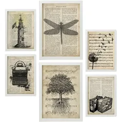 POSTER Set Mit 6 Vintage Zeichnungen Sepia Papier Plakate Im Retro Stil Mit Natur & Reisethemen Über Enzyklopädie Hintergründen A3 & A4 Weißer Rahmen