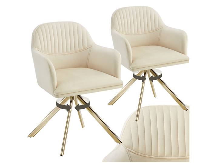Samt-Drehstuhl Lona mit dicker Polsterung - creme/gold, 2er Set
