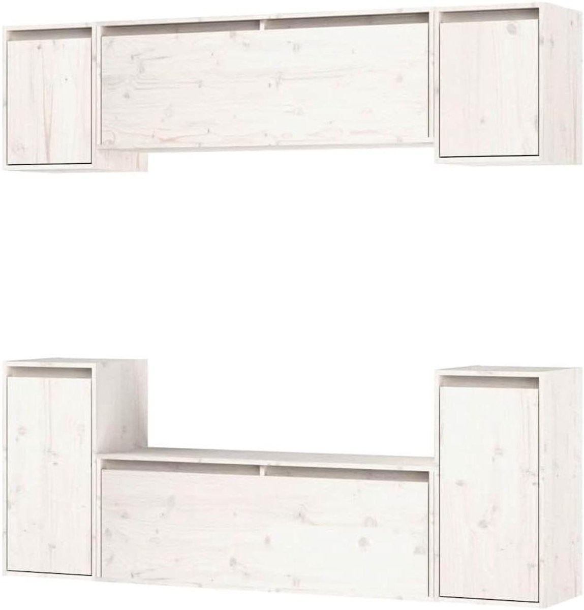 6-delige TV meubels set met opbergkasten in massief dennenhout, Sparkling White