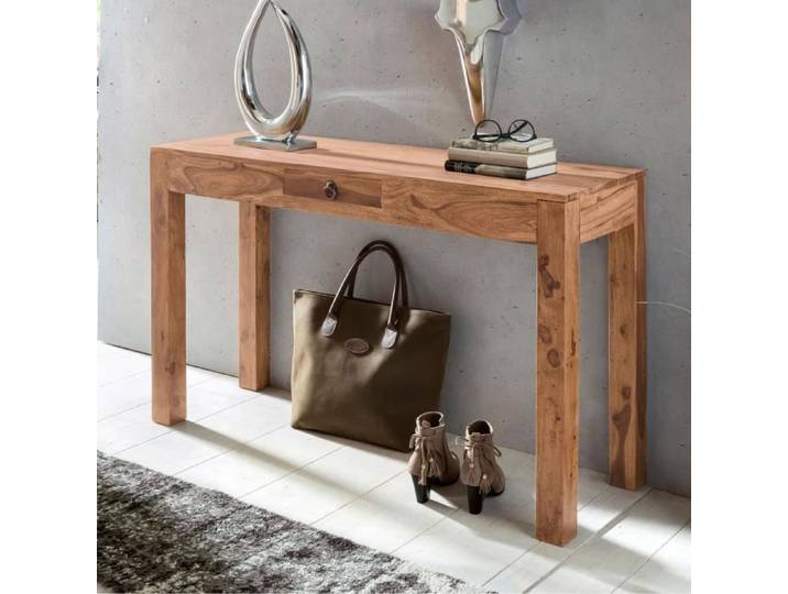 FineBuy Console 120x40x70 cm Bois Massif avec Tiroir Beige