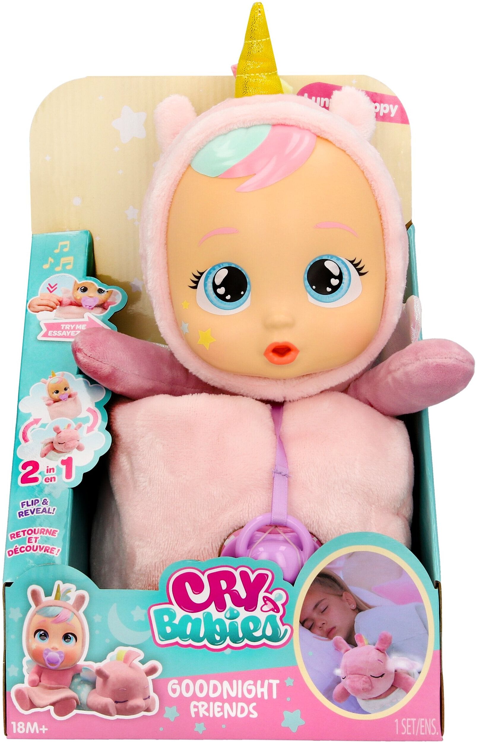 IMC Toys Cry Babies Goodnight Friends Luna ; Poppy 2-in-1 Interactive Plush Doll for Babies - Reversible Design with Glowing Wings and Lullabies
