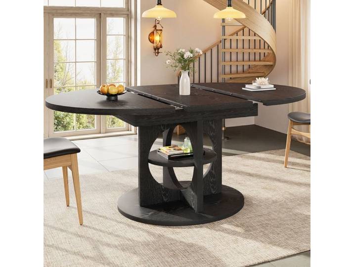 Table extensible - WESTYLE - 110/150 cm - Rangement intégré - Rond→Ovale - Effet bois noir