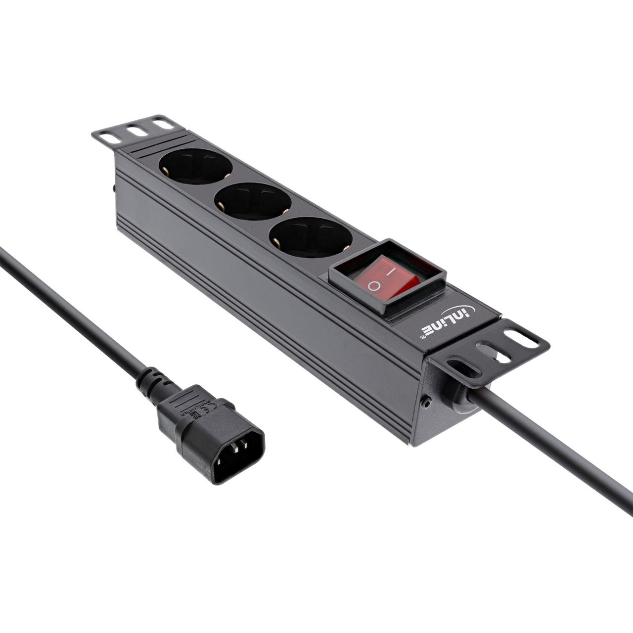 2.00m InLine 10" Steckdosenleiste, 3-fach Schutzkontakt, C14 Anschluss, mit Schalter, schwarz