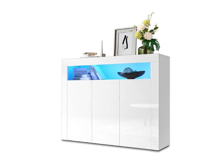 SONNI Kommode Sideboard Weiss Hochglanz mit LED, Kommodenschrank Sideboard für Küche und Esszimmer