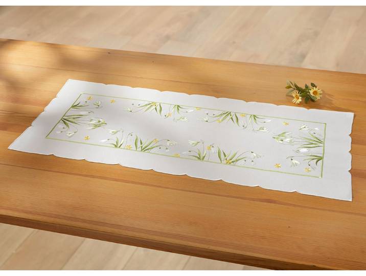 Bestickte Tisch- und Raumdekoration mit Schneeglöckchen-Dessin, Sekt-Bunt, Größe 104 (Läufer, 40/160 cm)
