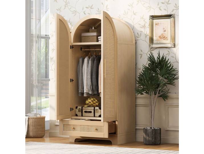 Armoire De Chambre Effet Rotin Bois Couleur Bois Armoire 2 Portes Battantes FloraGrace Pour Chambre Avec 2 Tiroirs 70x55x170cm