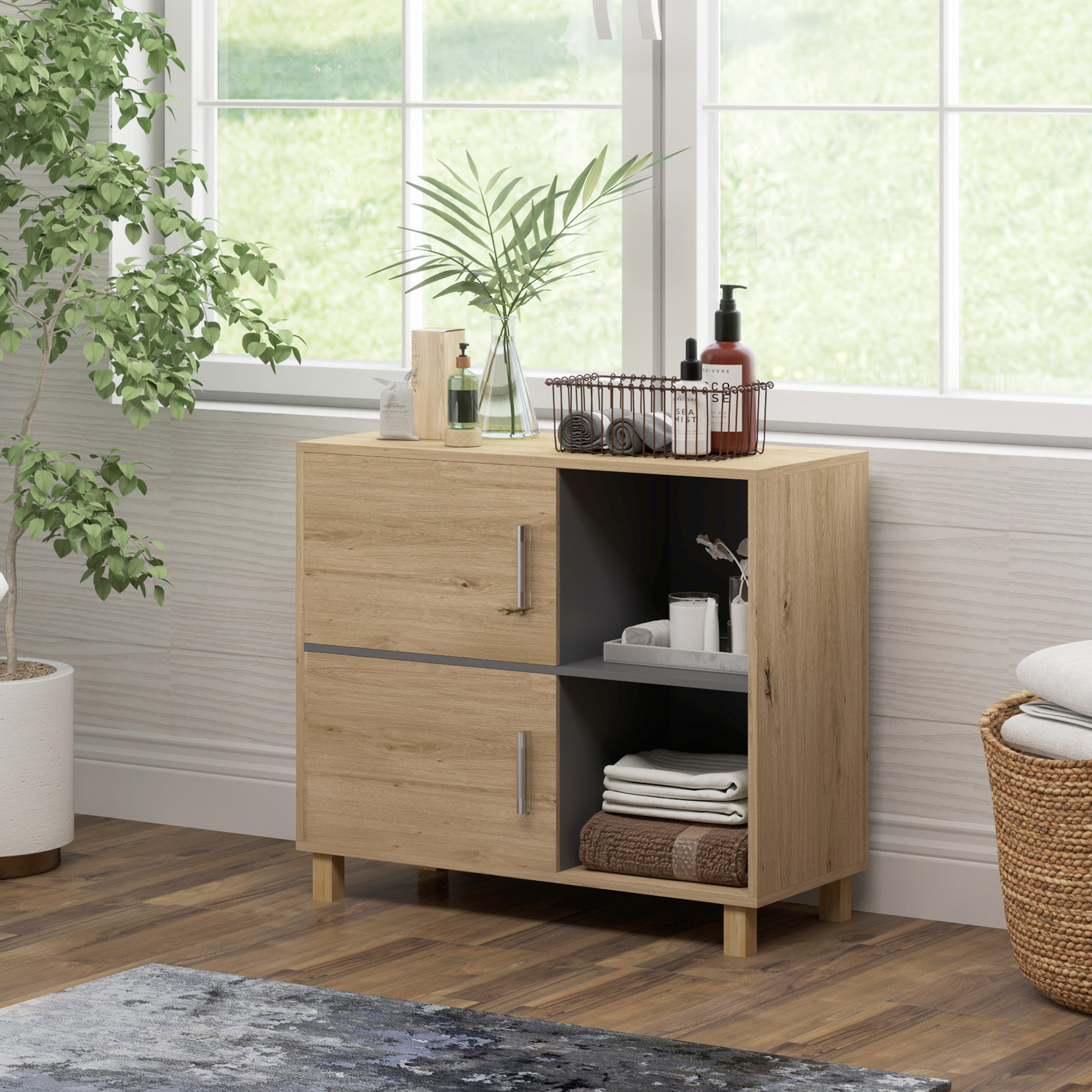 Homcom Mobiletto per il bagno, mobile di archiviazione con vani aperti e armadio, dim. 80 x 35 x 70 cm, legno naturale