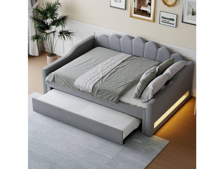 Lit banquette rembourré gris avec éclairage LED et lit gigogne