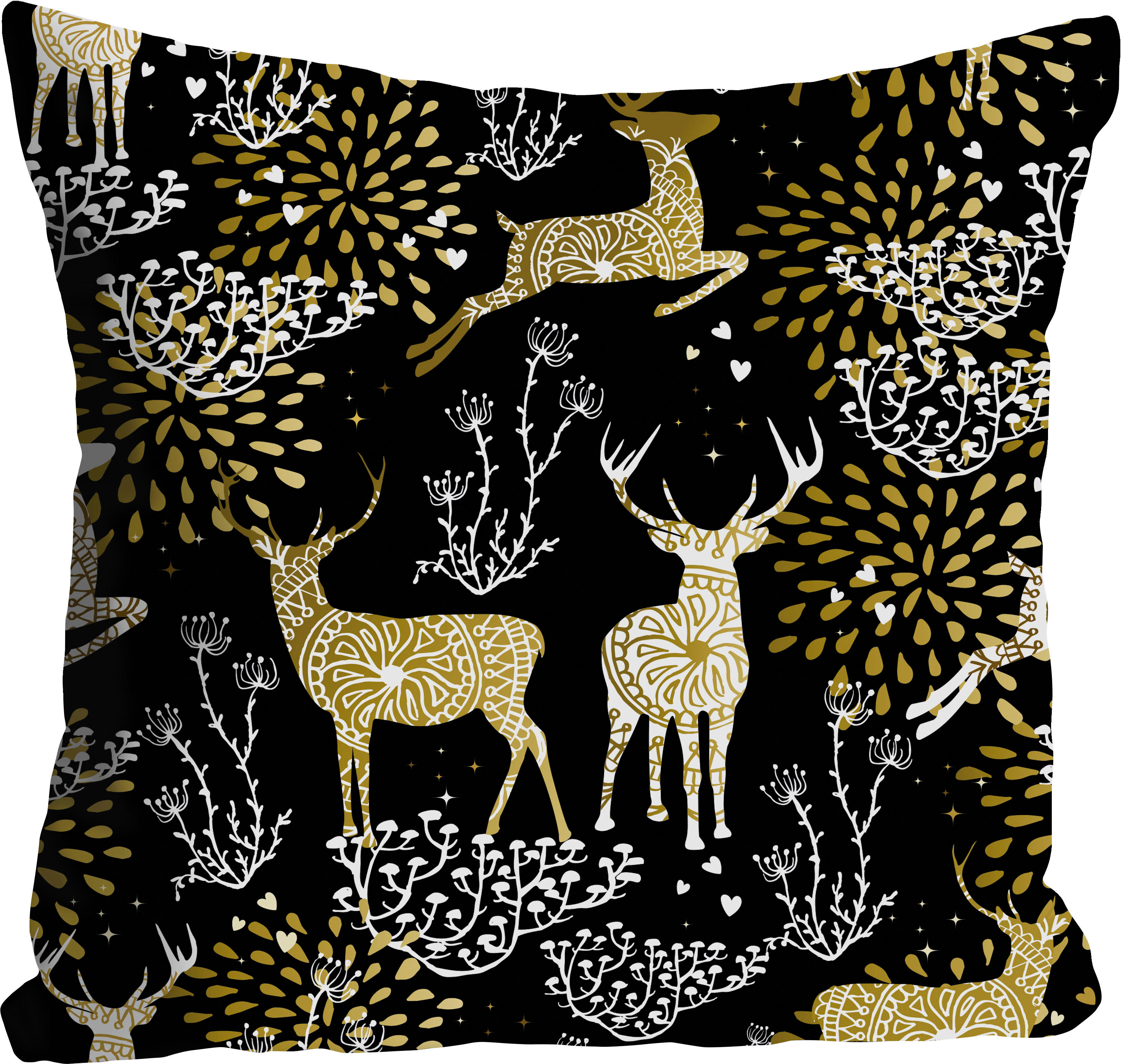 Dekokissen QUEENCE "Rudolph", gold (goldfarben, bedruckt), B:40cm L:40cm, Polyester, Dekokissen_Sitzkissen_Kissenhüllen, Dekokissen, Kissenhülle,Weihnachten,Rentiere,Festlich,Winterlich,Weihnachtsmotiv