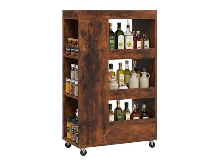 Relaxdays Chariot étagère étroite\, Bois Marron 4 niveaux\, roulettes\, 85x18x60 cm pour sdb & cuisine