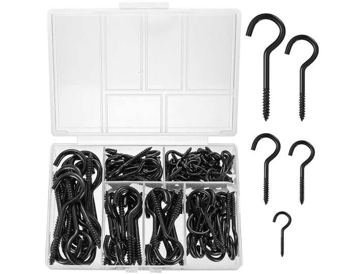 Schraubhaken Set 115-teilig mit Holzgewinde, Schwarz, Metall, 8.7x2.4x11.9 cm, Badaccessoires, Haken