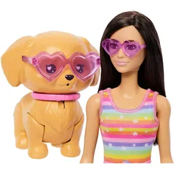 Barbie Brünette „Pets Skate and Run“ Barbie-Puppe mit Hündchen, Rollschuhen und Zubehör