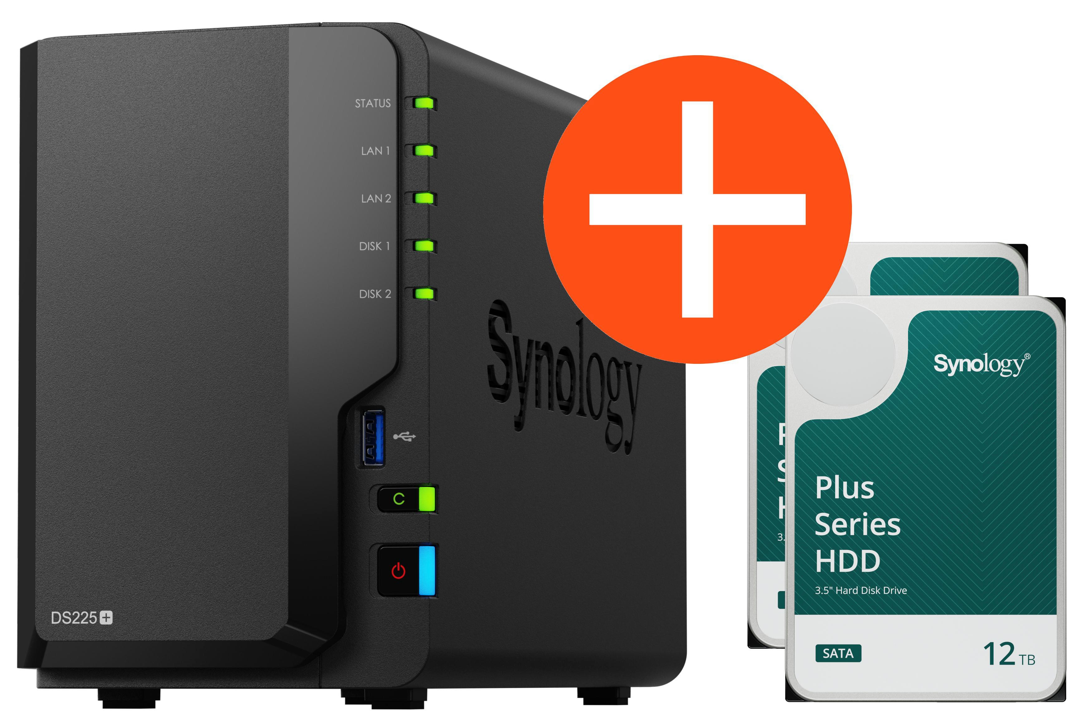 Synology DS225+ NAS System 2-Bay 24 TB inkl. 2x 12 TB Synology HDD HAT3310-12T DS225+_HAT3310-12T