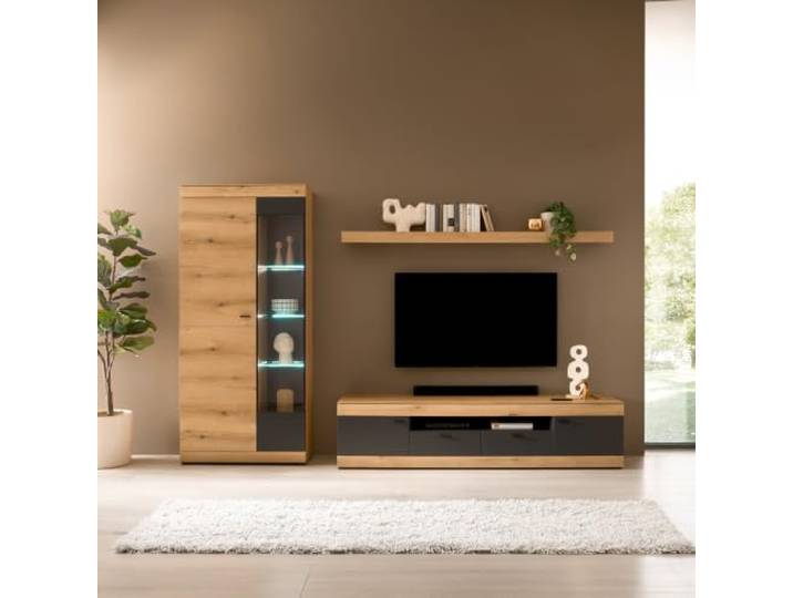Lomadox Wohnwand mit LED Beleuchtung in Eiche mit Absetzungen in Graphit, modern, 3-teilig