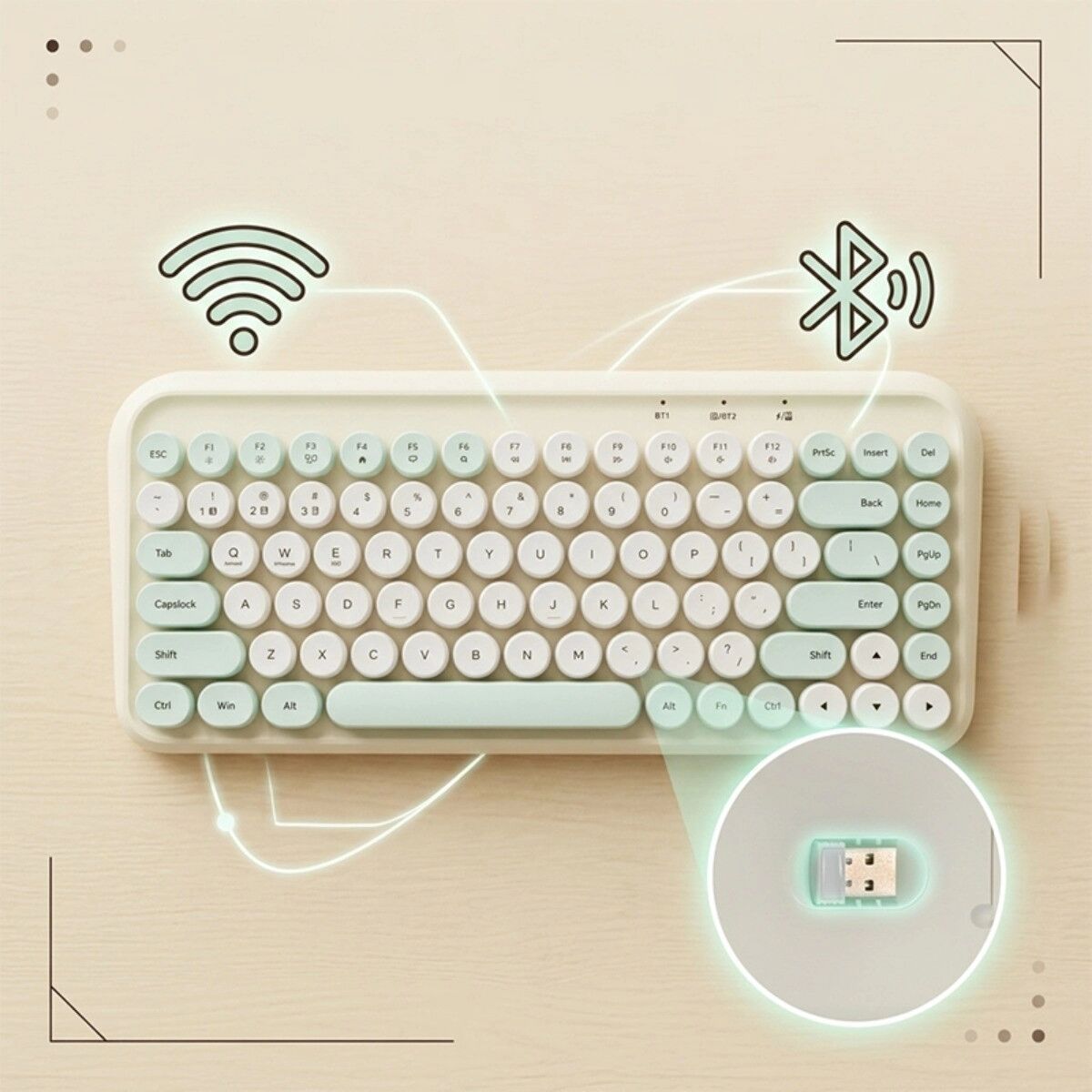 INF 84-Tasten kompakte kabellose Tastatur – Bluetooth & 2,4G Dualmodus, stille runde Tasten, tragbar, kompatibel mit Windows, Grün