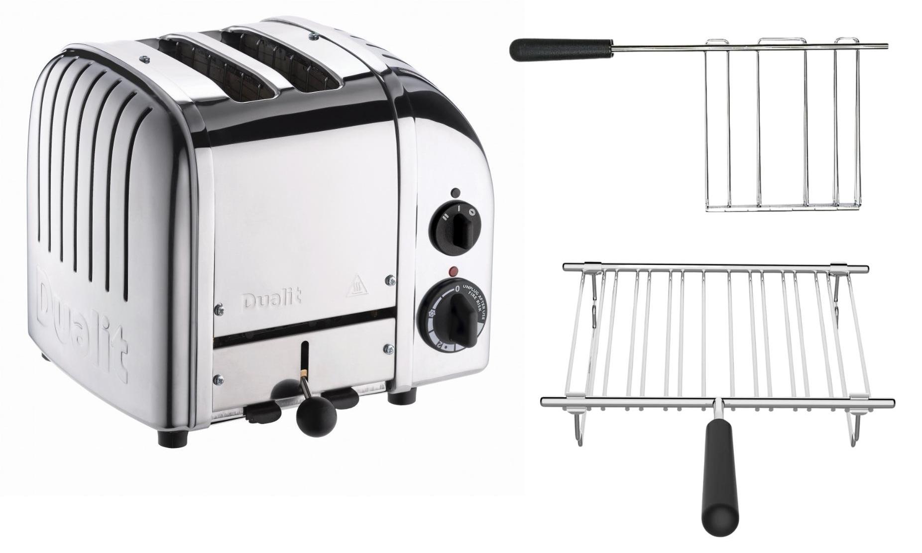 Dualit Toaster Paket 2, 2er Toaster mit Brötchenaufsatz und Sandwichzange poliertes Metall